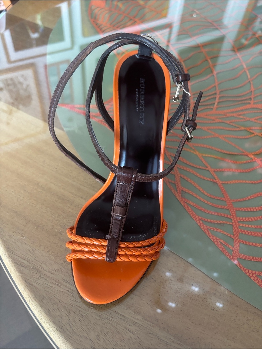 Burberry Orange and Brown Braided Leather Wedge Sandal